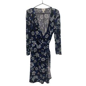 Floral Wrap Dress Navy Blue Long Sleeve US 10 Stretch Adjustable Elegant
